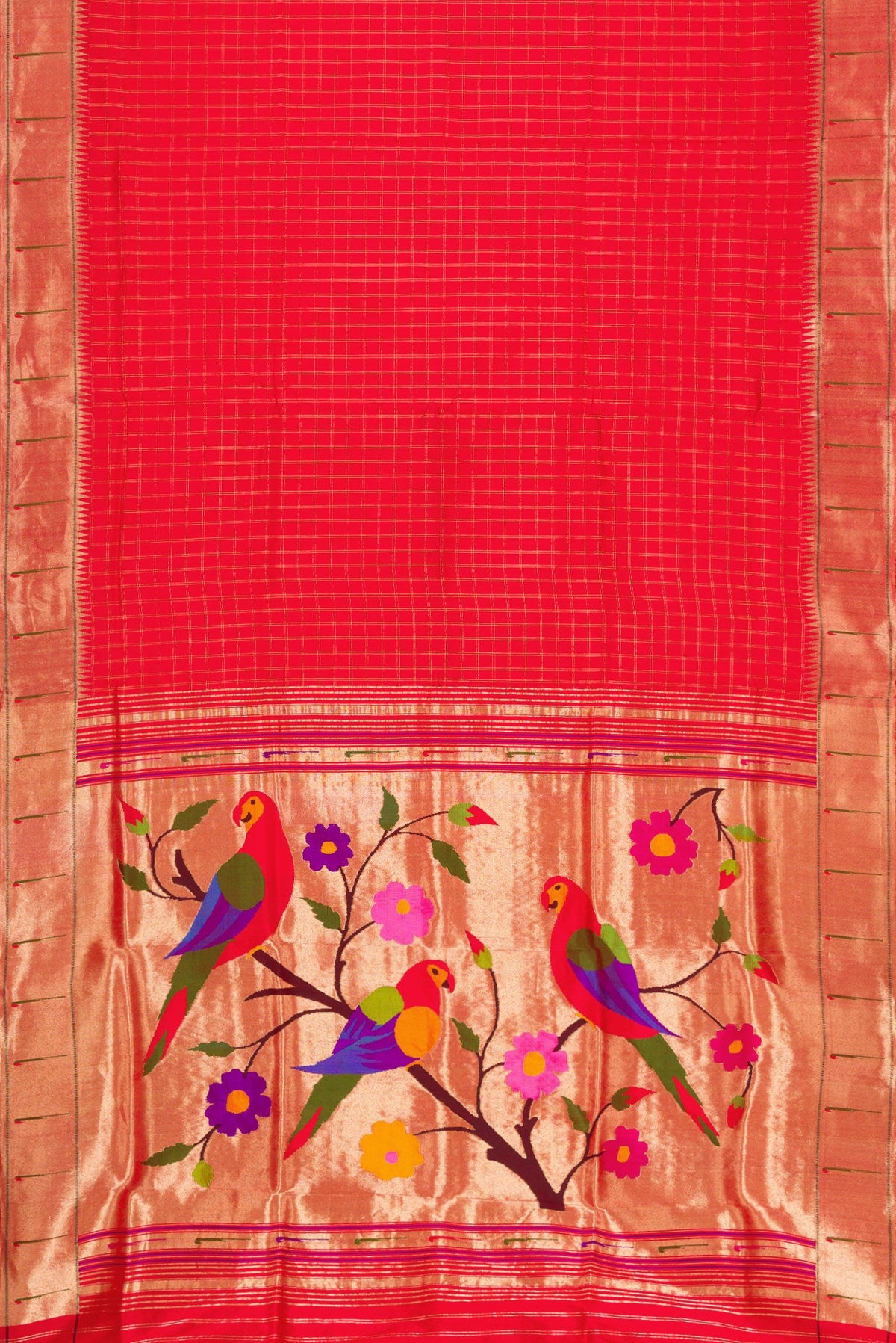 Flat view of Red Dual Tone Paithani Silk Saree with Checked design on the body and Paithani Border. 