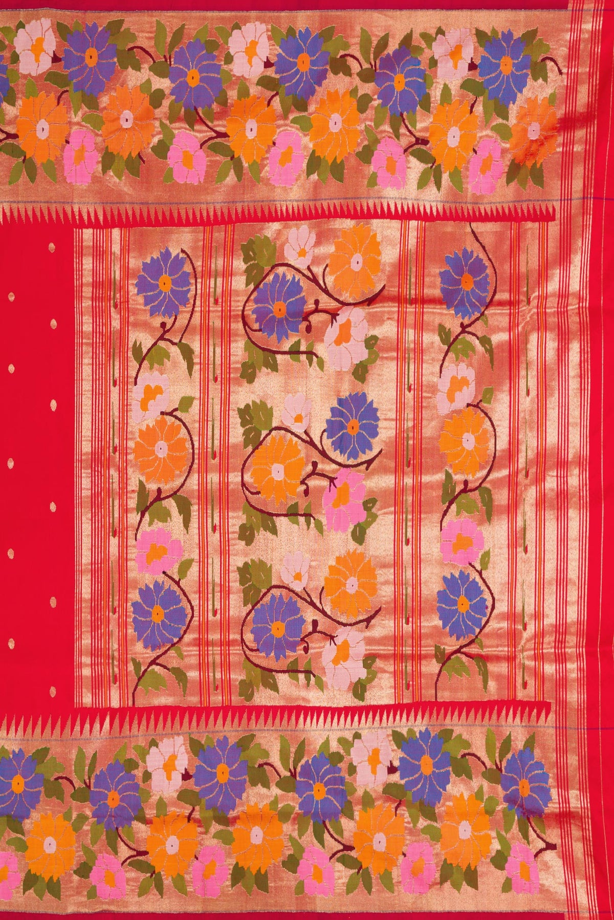 Close up image of the pallu of Red Dual Tone Paithani Silk Saree with Zari Butta on the body and Paithani Border. 