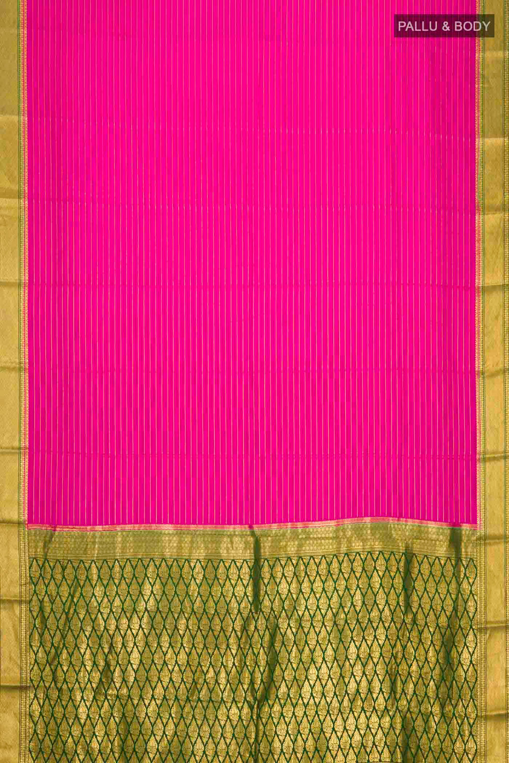 Flat view of Pink Mysore Crepe Saree with Stripes on the body and Zari Border