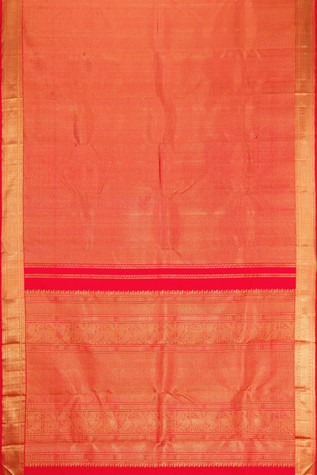 Flat view of Pure Silk Pure Zari Red Dual Tone Kanjivaram Saree with Zari Brocade on the body and Zari Border. 