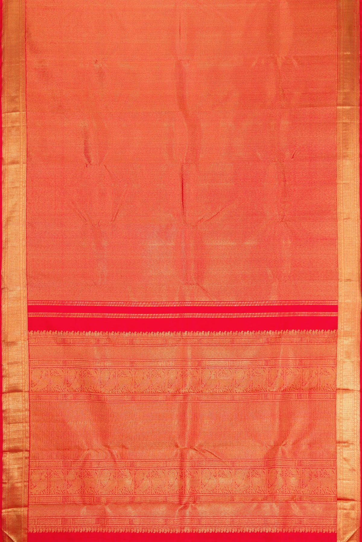 Flat view of Pure Silk Pure Zari Red Dual Tone Kanjivaram Saree with Zari Brocade on the body and Zari Border. 