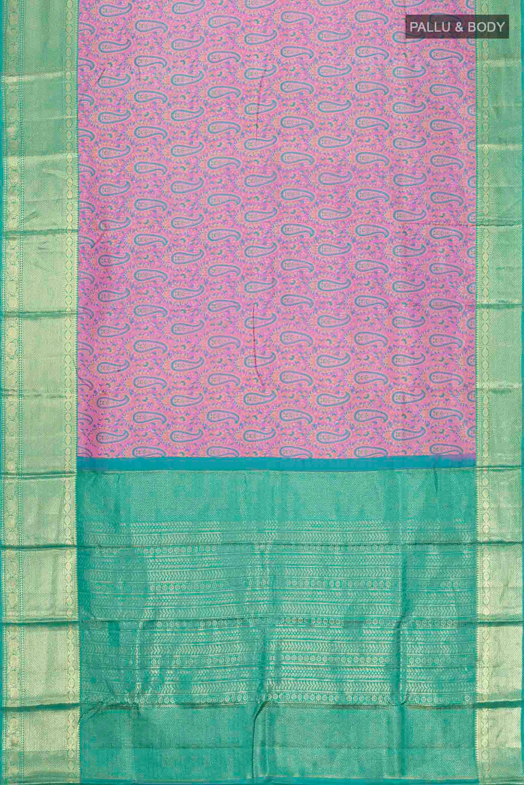 Flat view of Lavender Kanchipuram Silk Saree with Jacquard design on the body and Zari Border