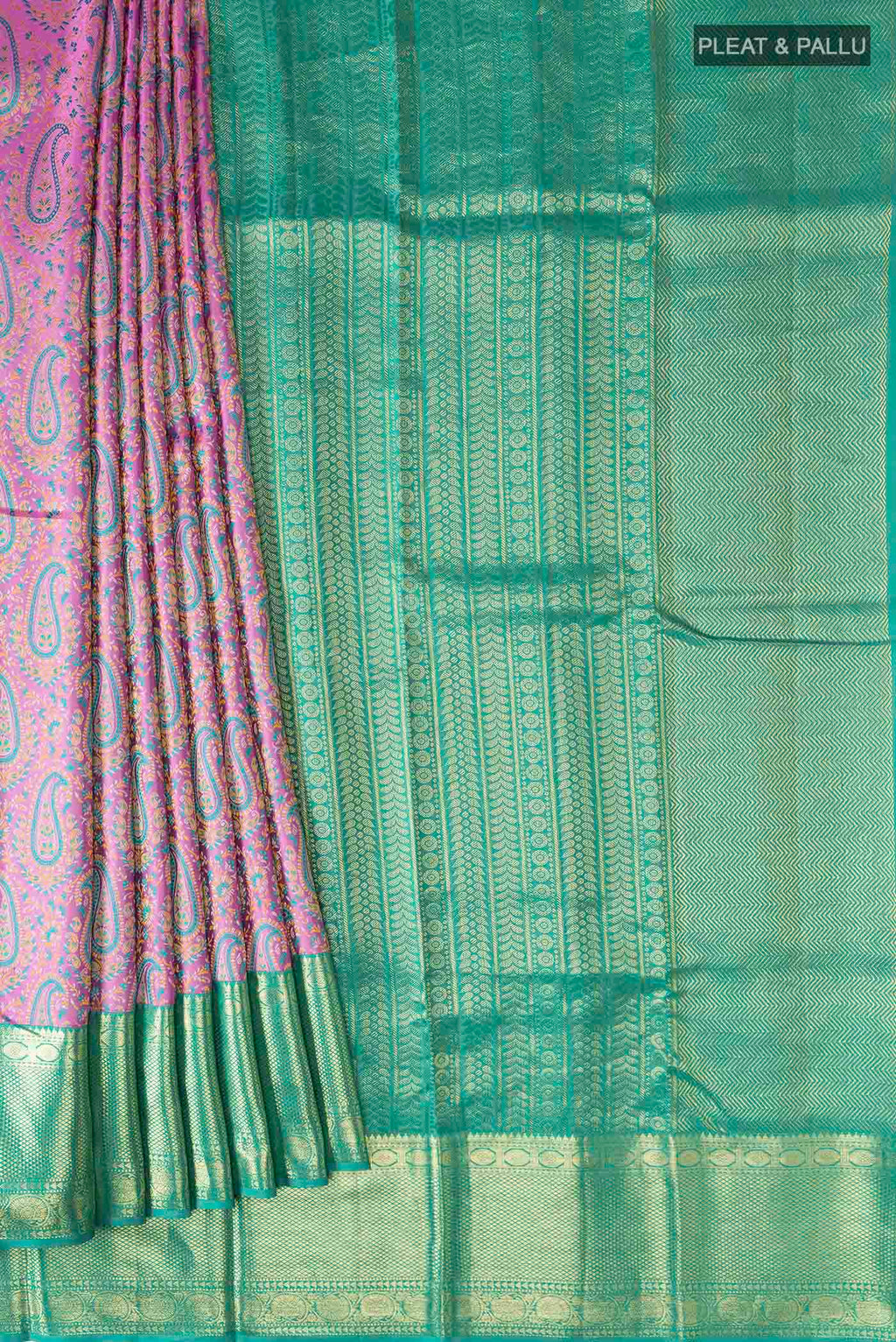 Pleats and pallu of Lavender Kanchipuram Silk Saree with Jacquard design on the body and Zari Border