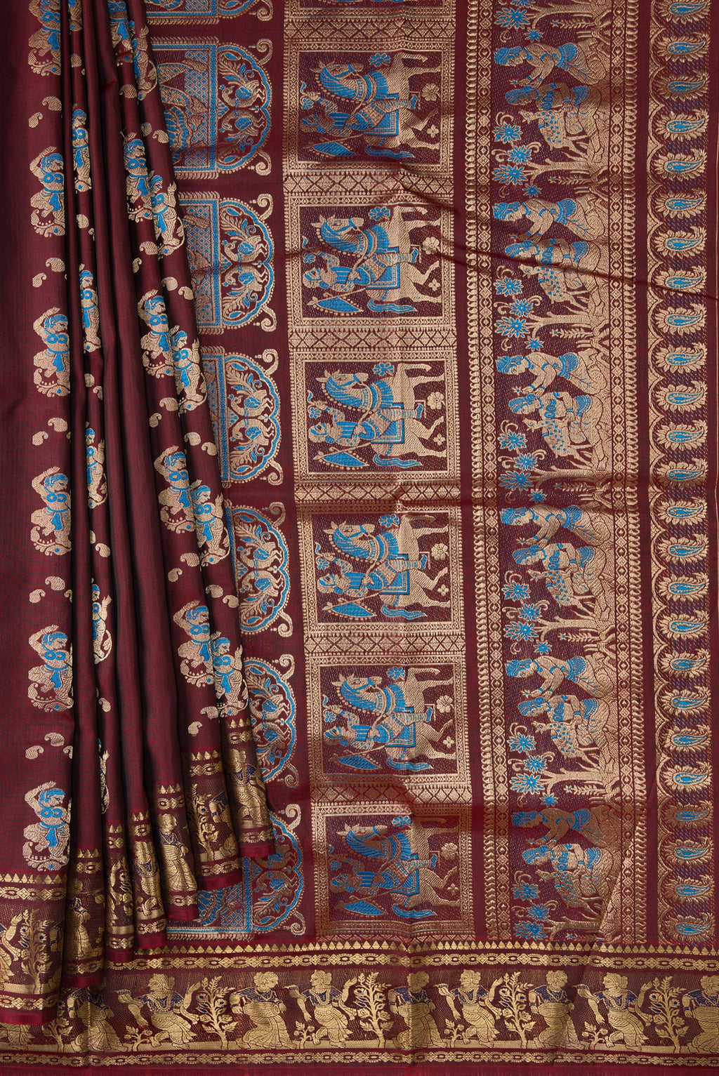Pleats and pallu of Coffee Brown Baluchari Silk Saree with Thread Butta on the body and Zari Border. 