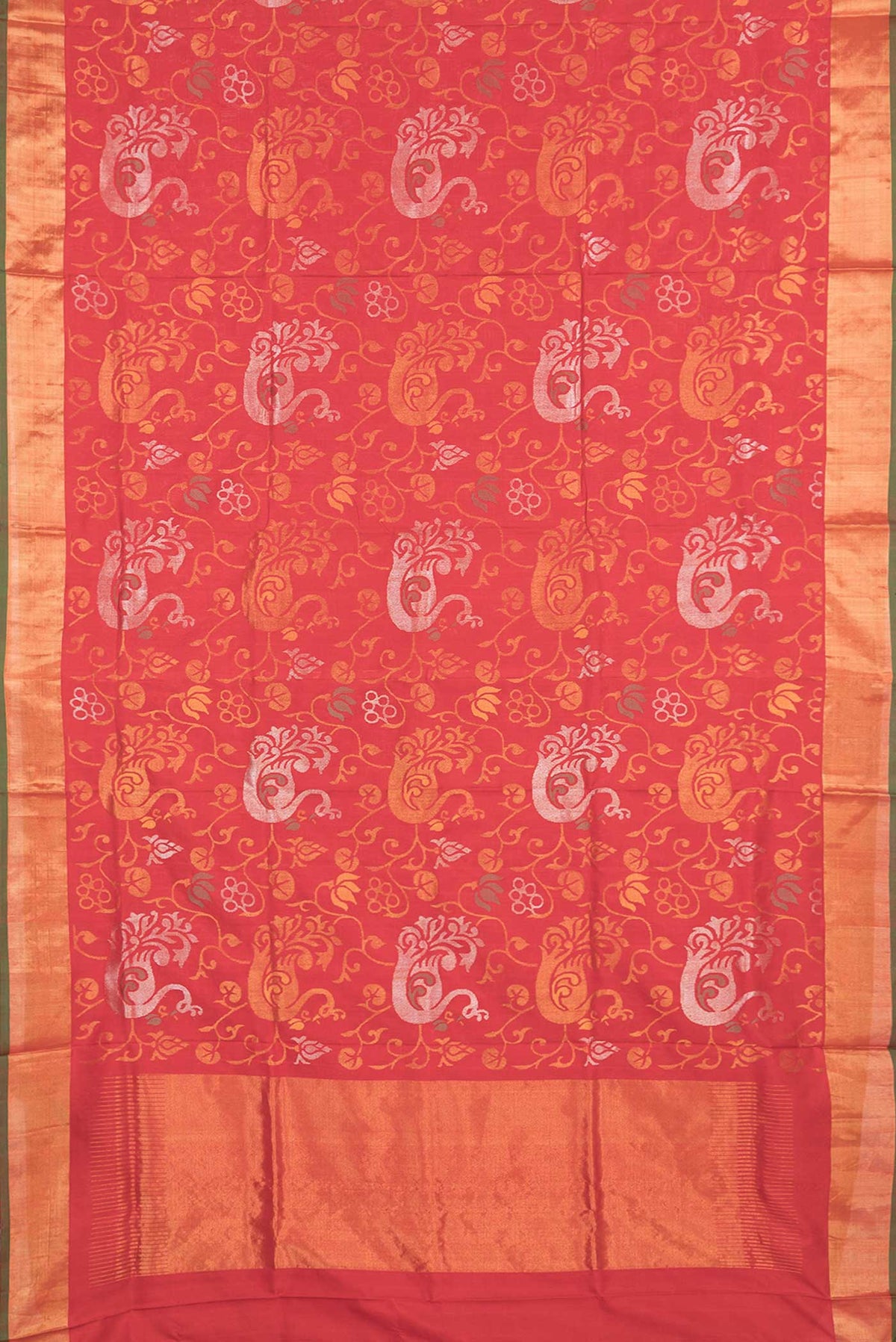 Flat view of Red Dual Tone Uppada Silk Saree with Zari Brocade on the body and Zari Border