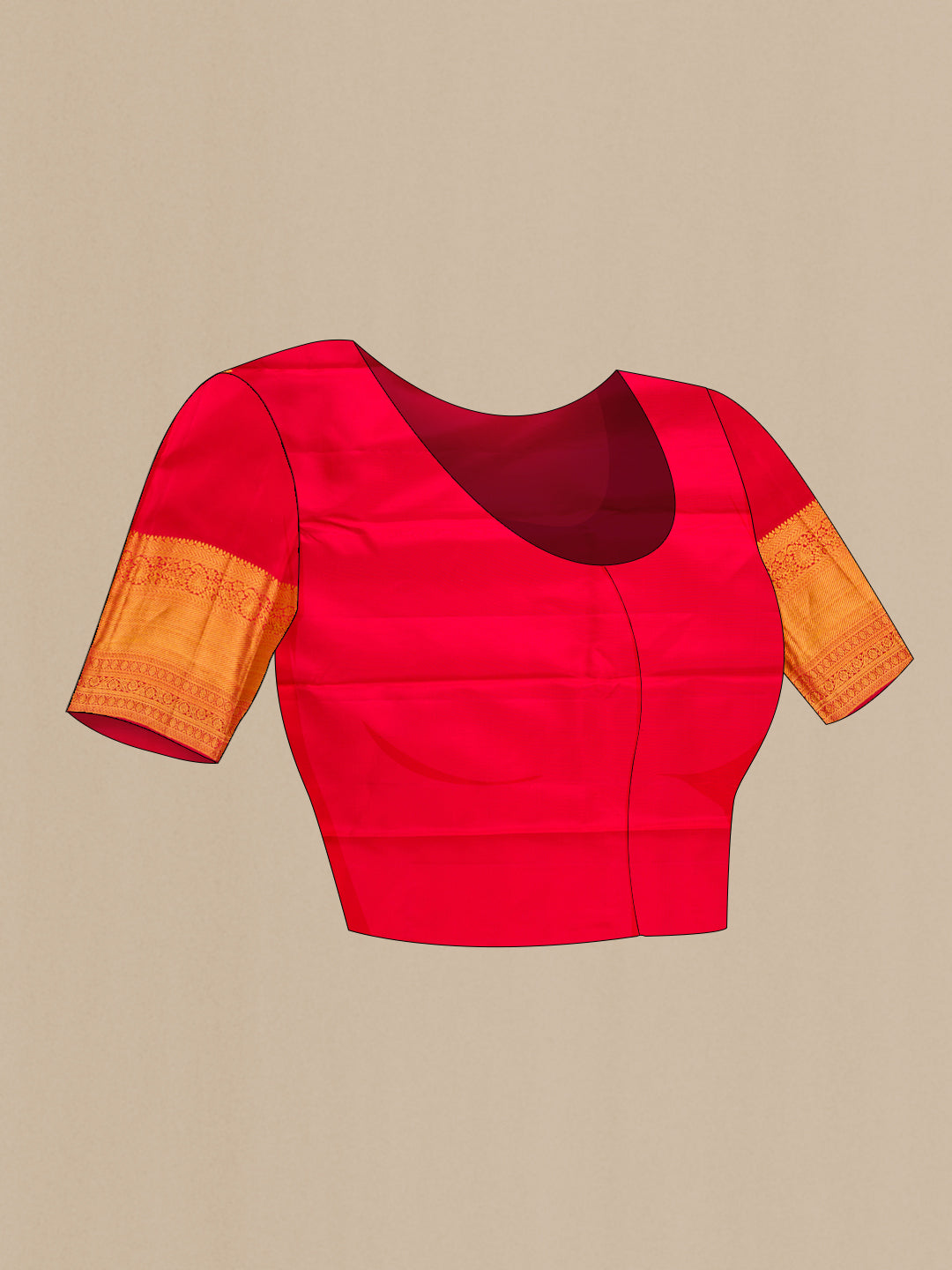 Close up image of the blouse of Red Kanjivaram Silk Saree with Zari Brocade on the body and Zari Border. 