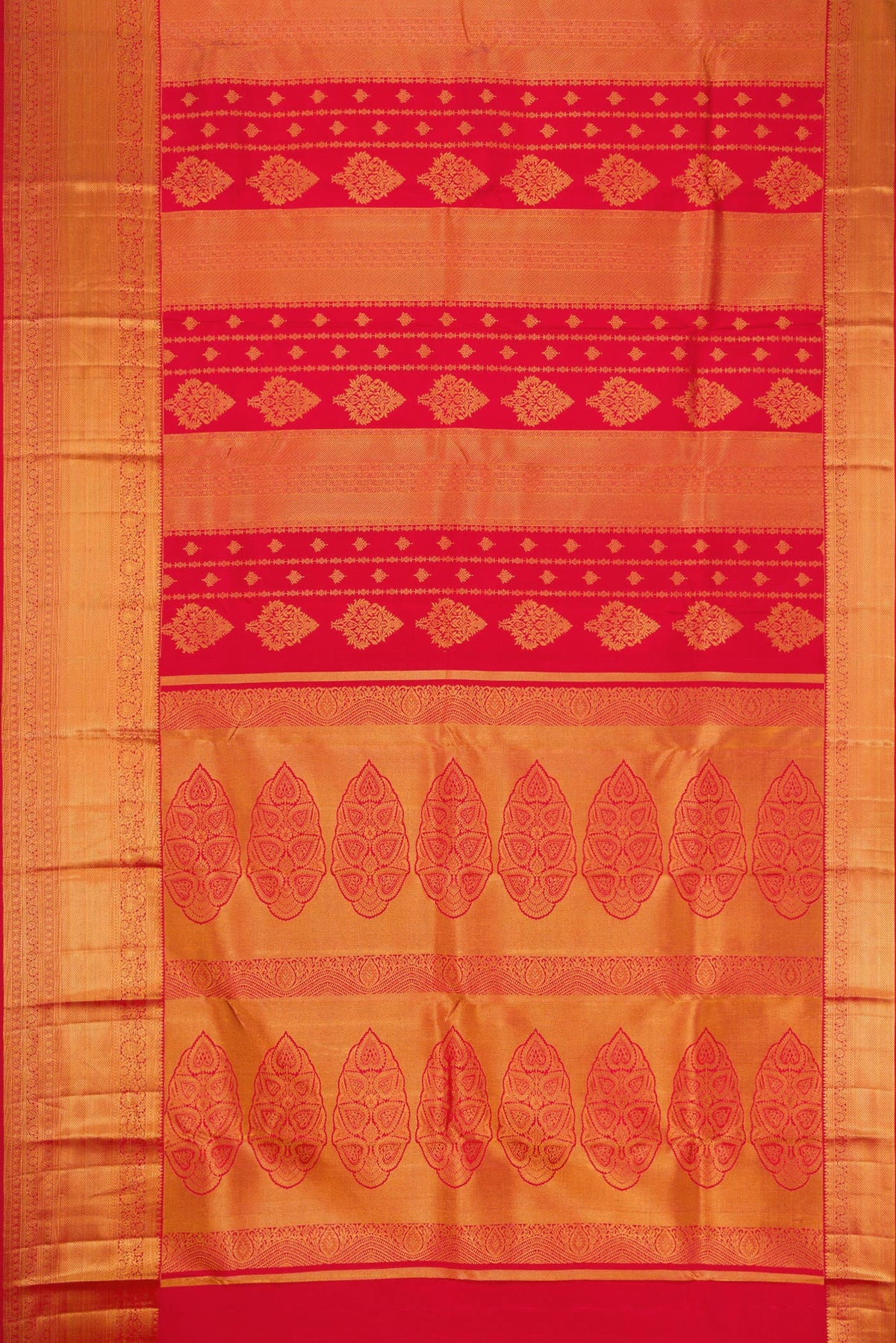 Flat view of Red Kanjivaram Silk Saree with Zari Brocade on the body and Zari Border. 