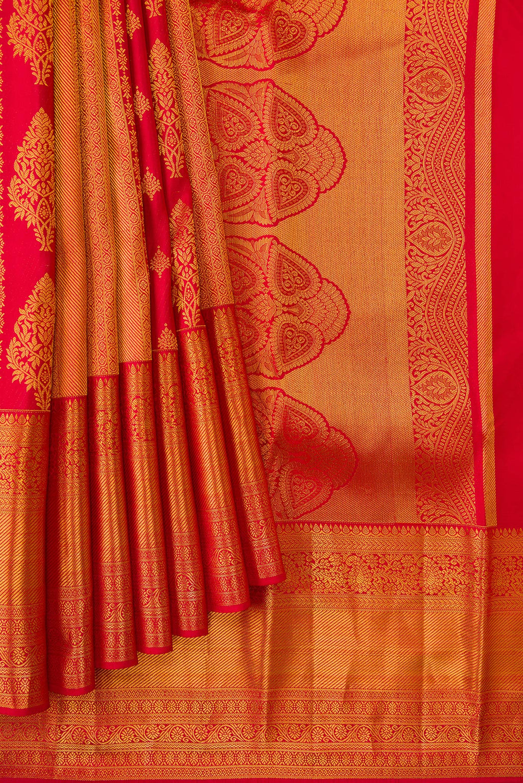 Pleats and pallu of Red Kanjivaram Silk Saree with Zari Brocade on the body and Zari Border. 