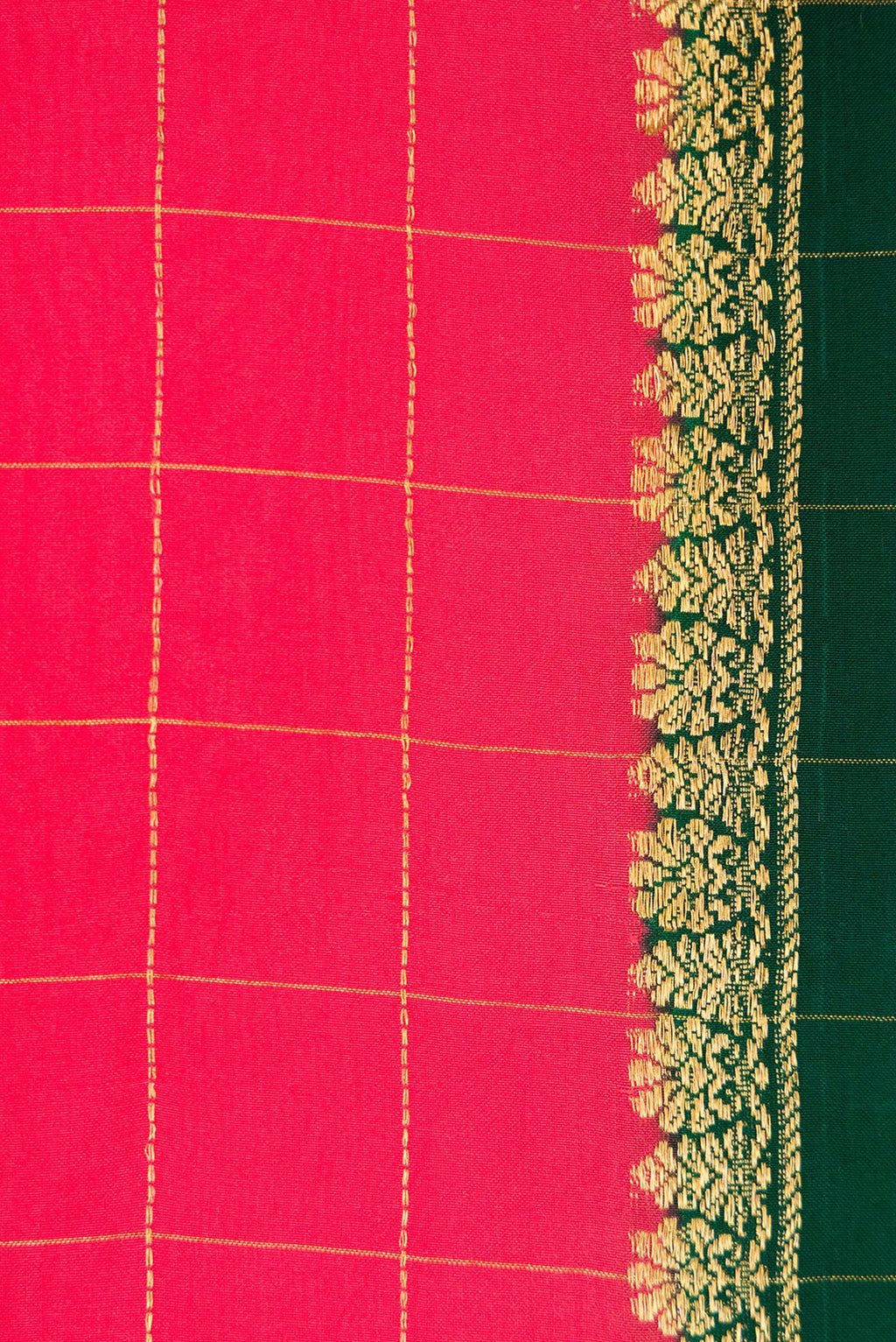 Border image of Pure Silk Pure Zari Dark Pink Dual Tone Mysore Crepe Saree with Plain Body and Zari Border. 