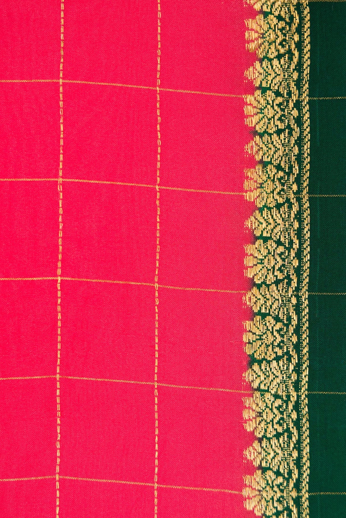 Border image of Pure Silk Pure Zari Dark Pink Dual Tone Mysore Crepe Saree with Plain Body and Zari Border. 