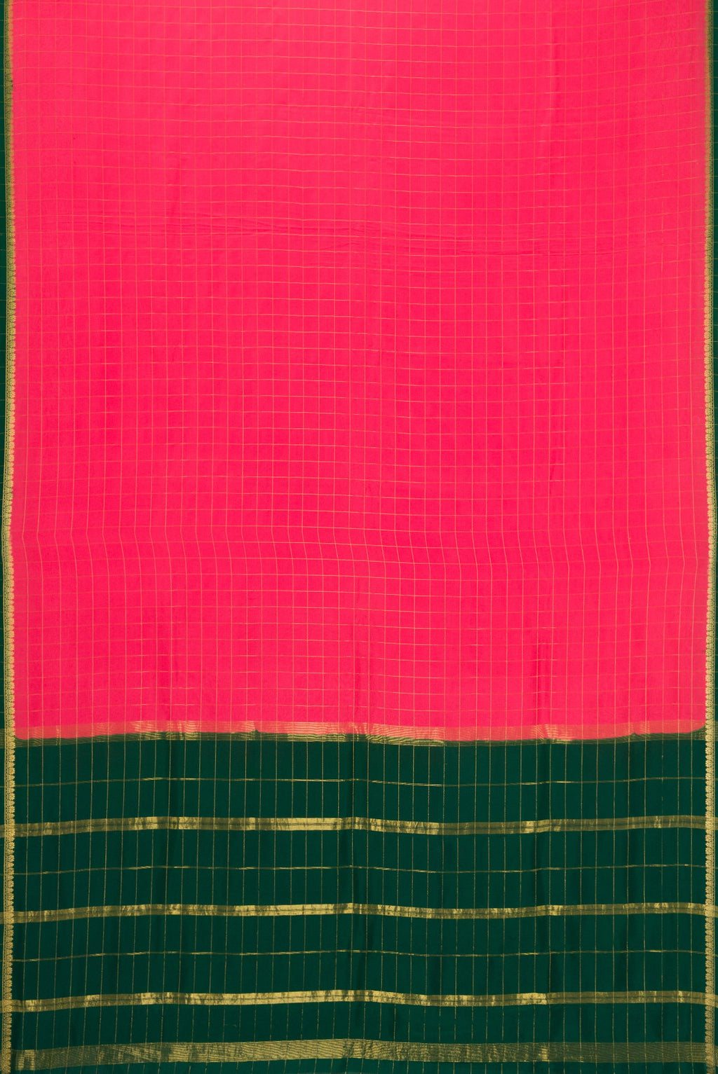 Flat view of Pure Silk Pure Zari Dark Pink Dual Tone Mysore Crepe Saree with Plain Body and Zari Border. 