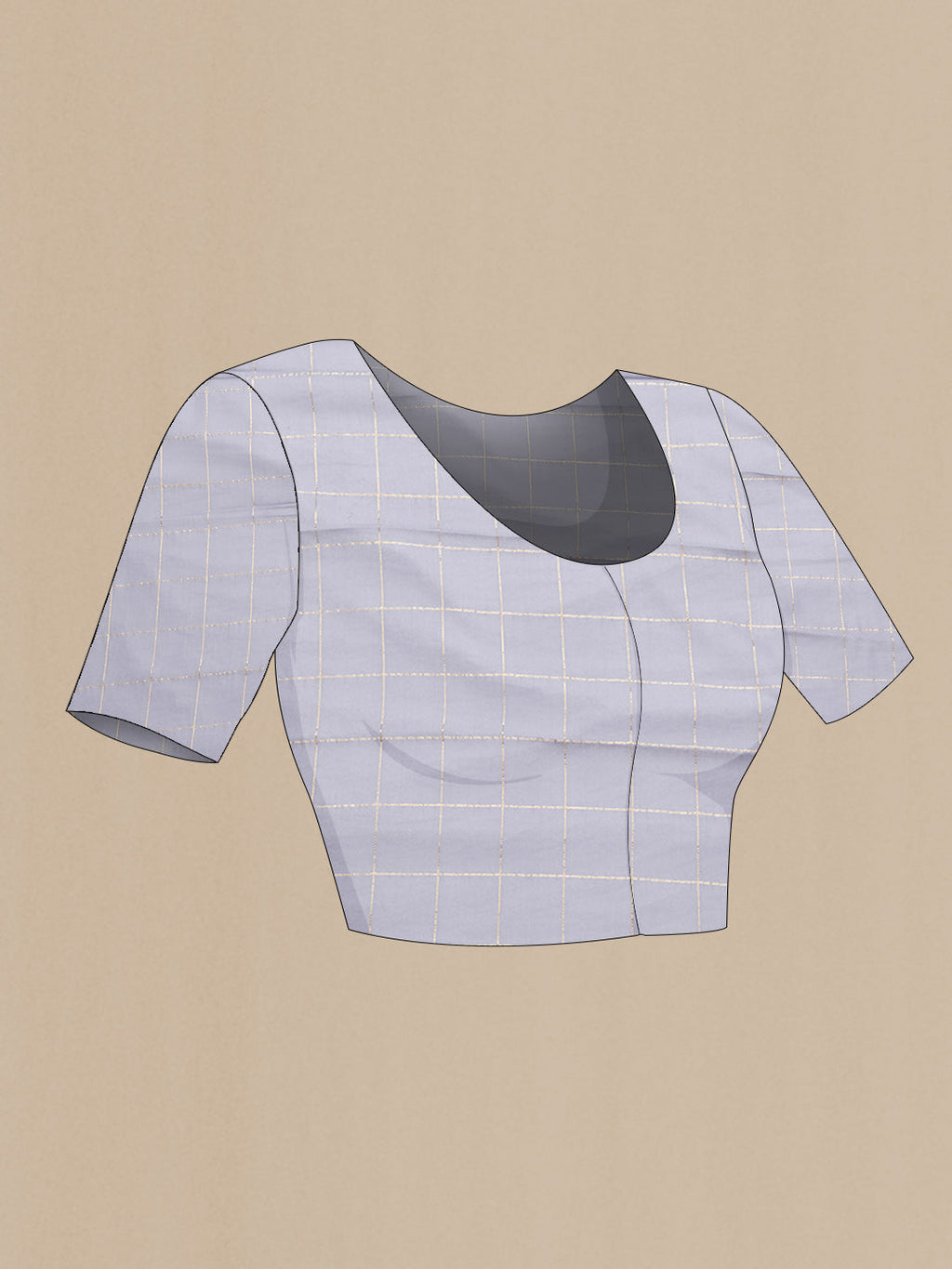 Close up image of the blouse of Grey Dual Tone Georgette Saree with Checked design on the body and Zari Border. 