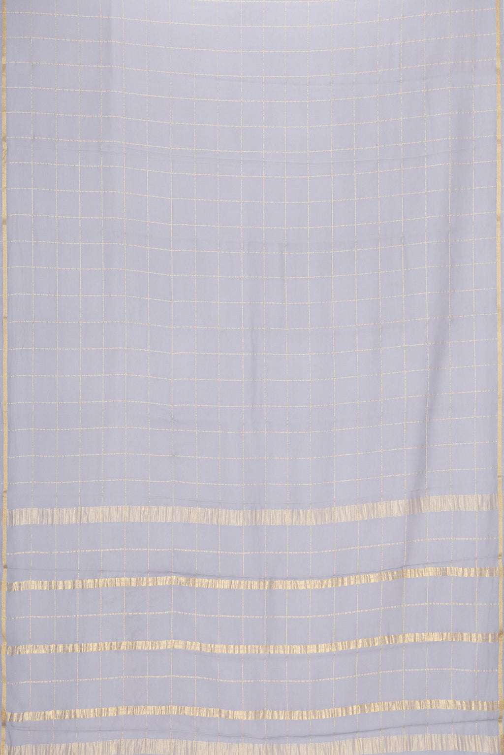Flat view of Grey Dual Tone Georgette Saree with Checked design on the body and Zari Border. 