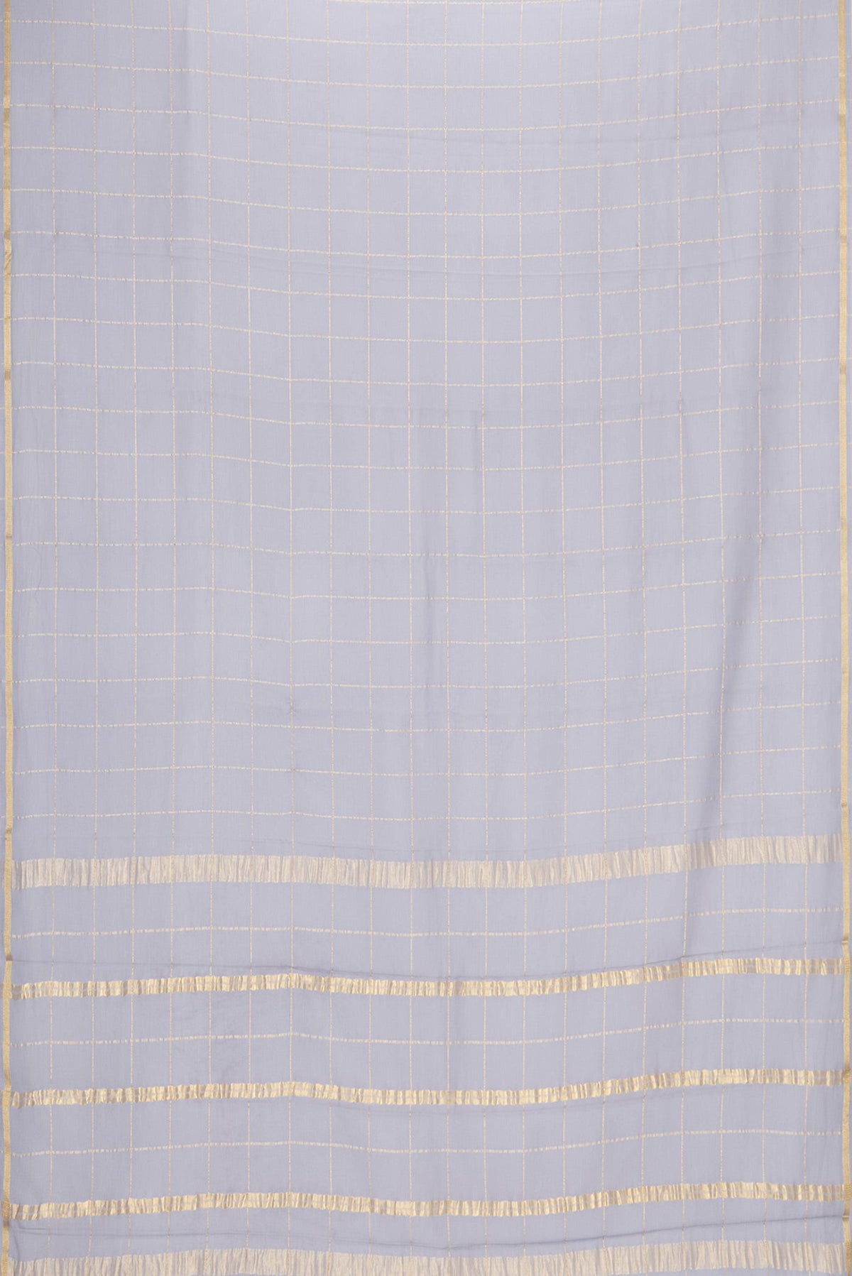 Flat view of Grey Dual Tone Georgette Saree with Checked design on the body and Zari Border. 