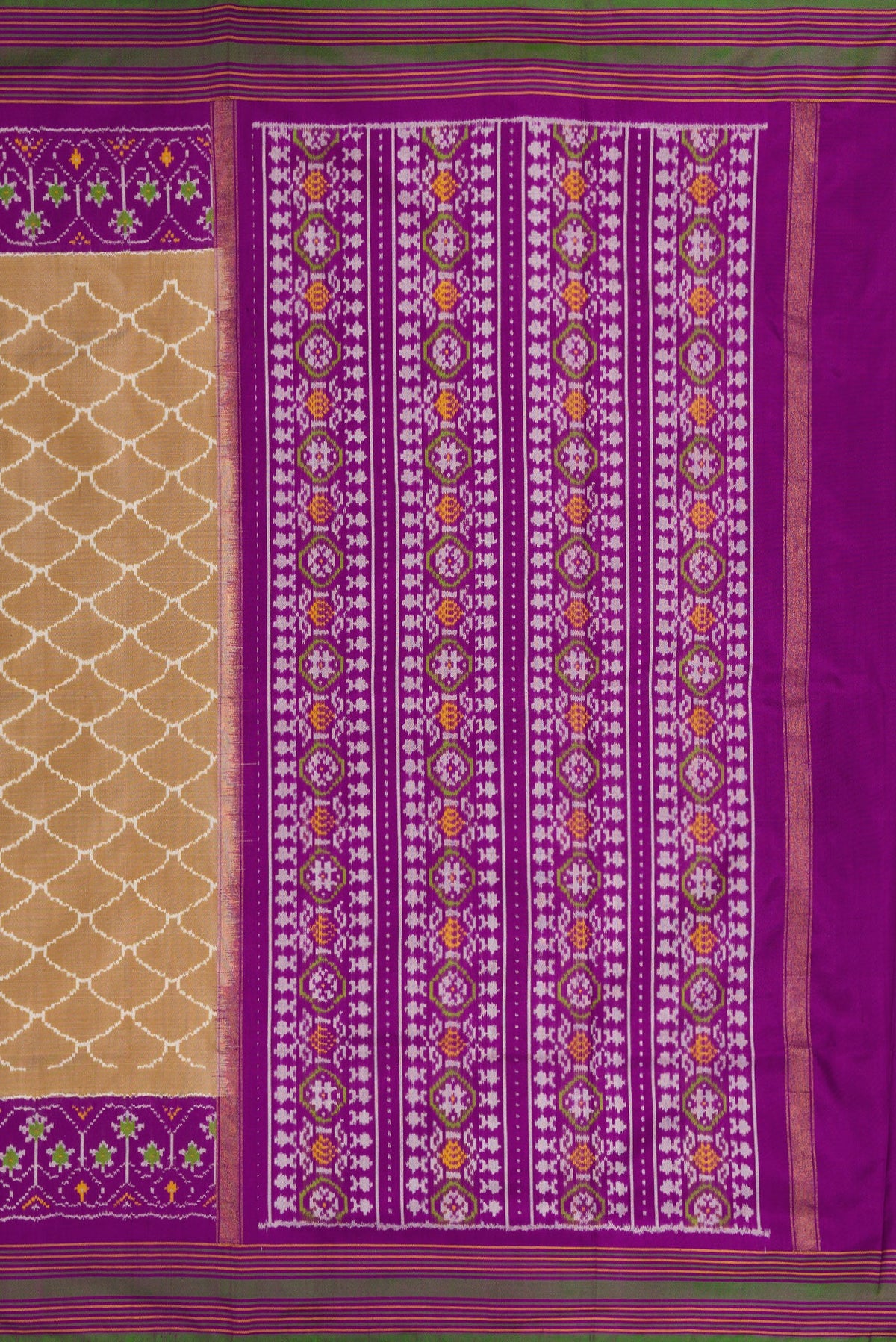 Close up image of the pallu of Dark Beige Dual Tone Double Ikat Saree with Ikat Print on the body and Ikat Border. 