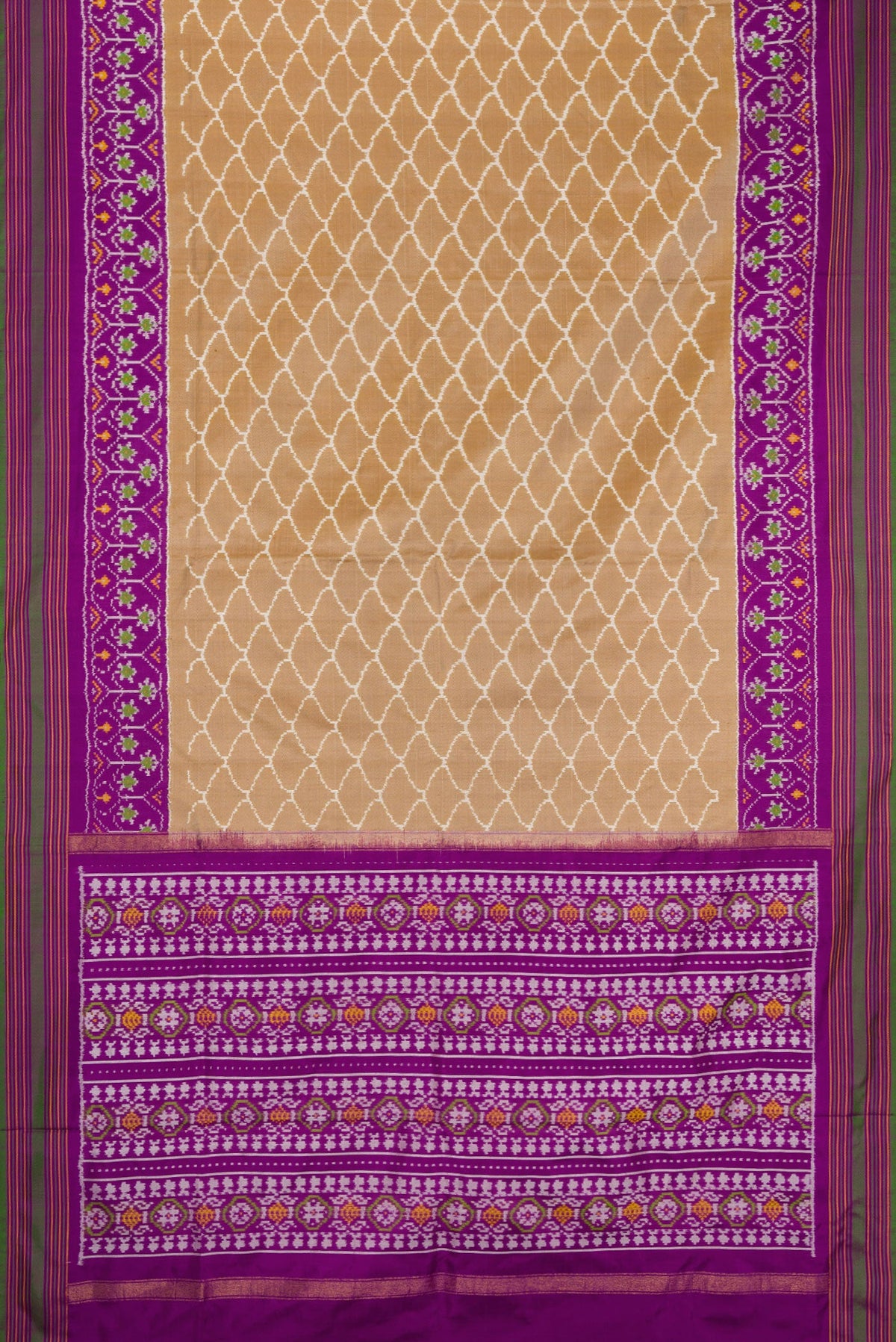 Flat view of Dark Beige Dual Tone Double Ikat Saree with Ikat Print on the body and Ikat Border. 