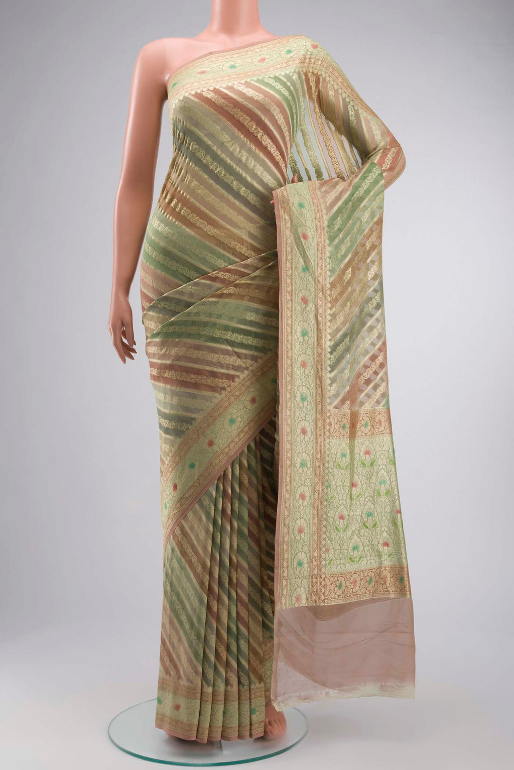 Green Banarasi Georgette Saree with Stripes on the body and Zari Border displayed on a mannequin