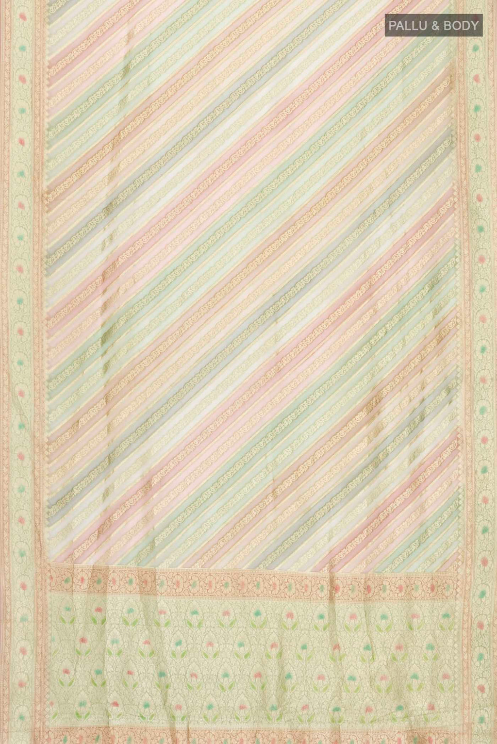 Flat view of Green Banarasi Georgette Saree with Stripes on the body and Zari Border