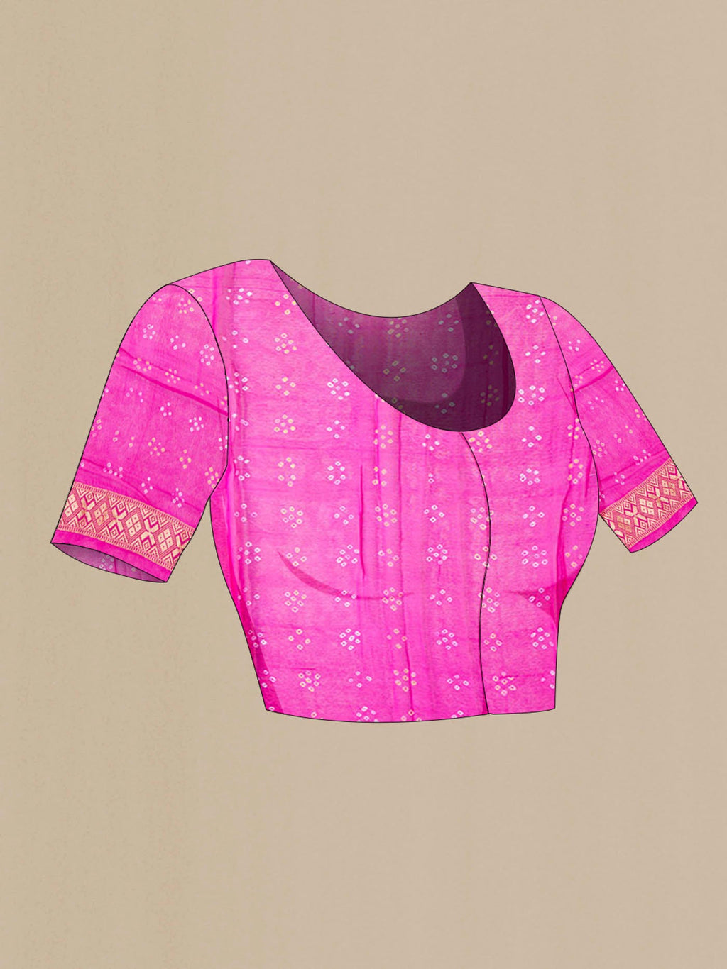 Close up image of the blouse of Pink Banarasi Georgette Saree with Bandhani Print on the body and Zari Border