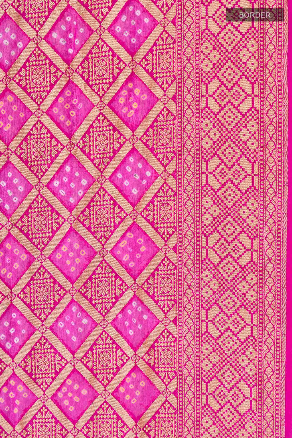 Border image of Pink Banarasi Georgette Saree with Bandhani Print on the body and Zari Border