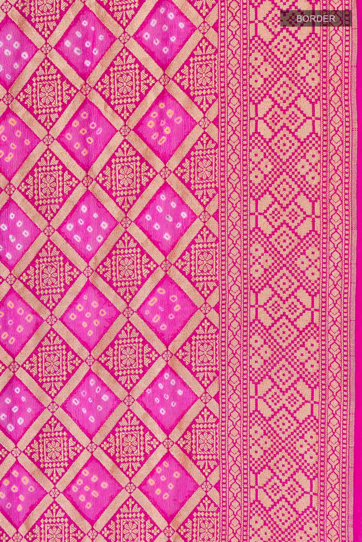 Border image of Pink Banarasi Georgette Saree with Bandhani Print on the body and Zari Border