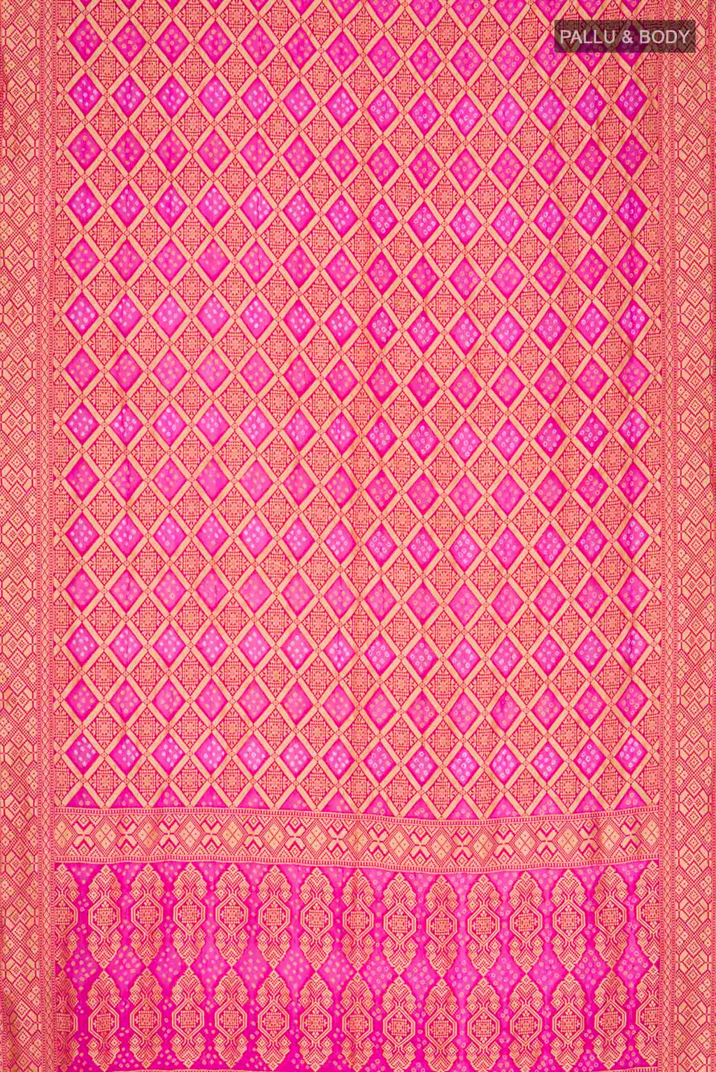 Flat view of Pink Banarasi Georgette Saree with Bandhani Print on the body and Zari Border