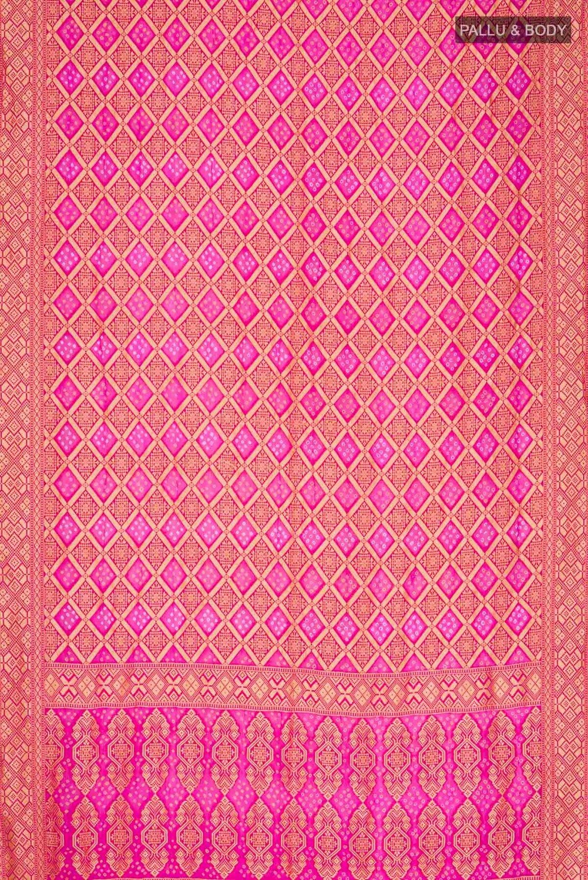 Flat view of Pink Banarasi Georgette Saree with Bandhani Print on the body and Zari Border