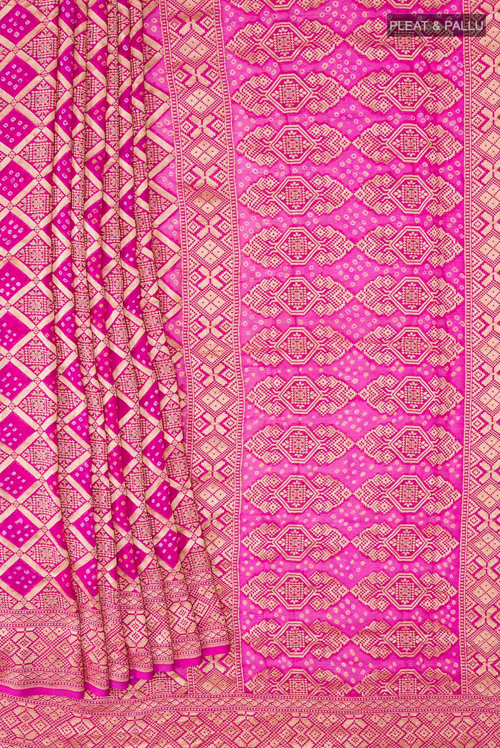 Pleats and pallu of Pink Banarasi Georgette Saree with Bandhani Print on the body and Zari Border