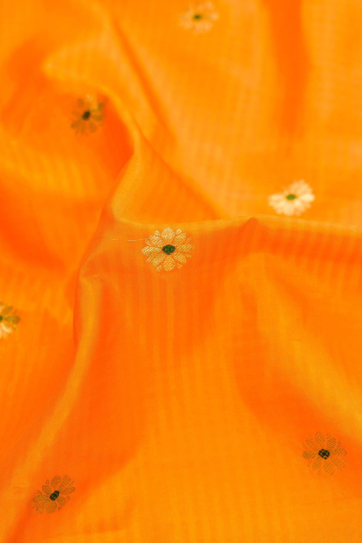 Close up of Mustard Dual Tone Gadwal Silk Saree with Zari And Thread Butta on the body and Zari Border.  displaying folds