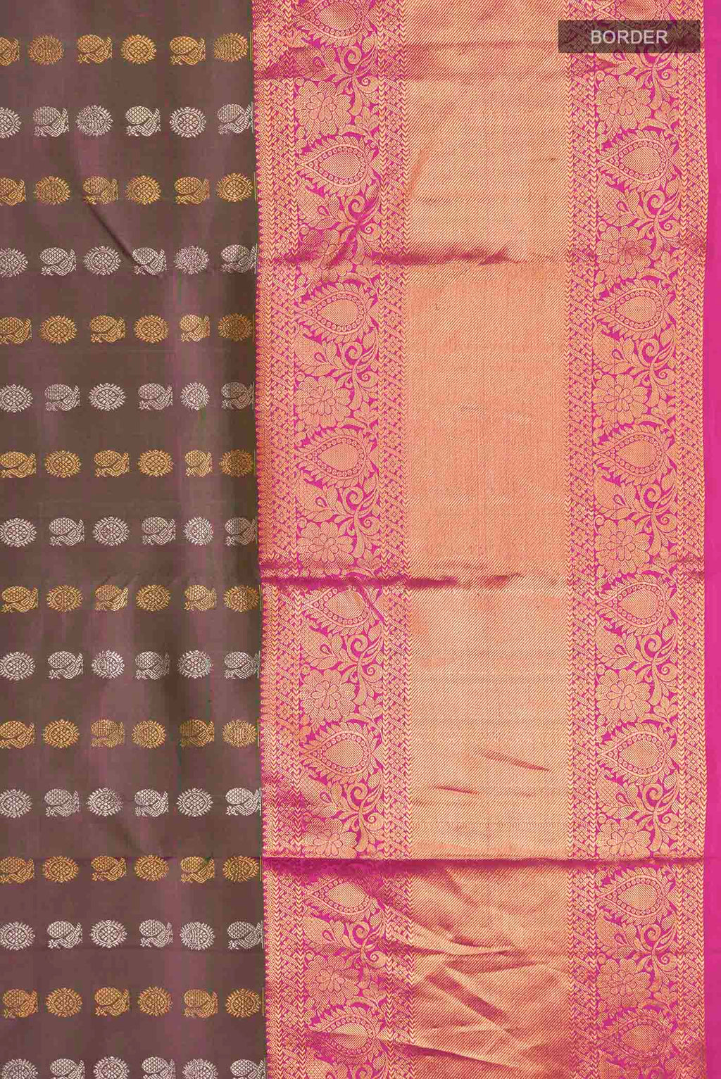 Border image of Green with Pink Color Kanchipuram Silk Saree with Zari Butta on the body and Zari Border