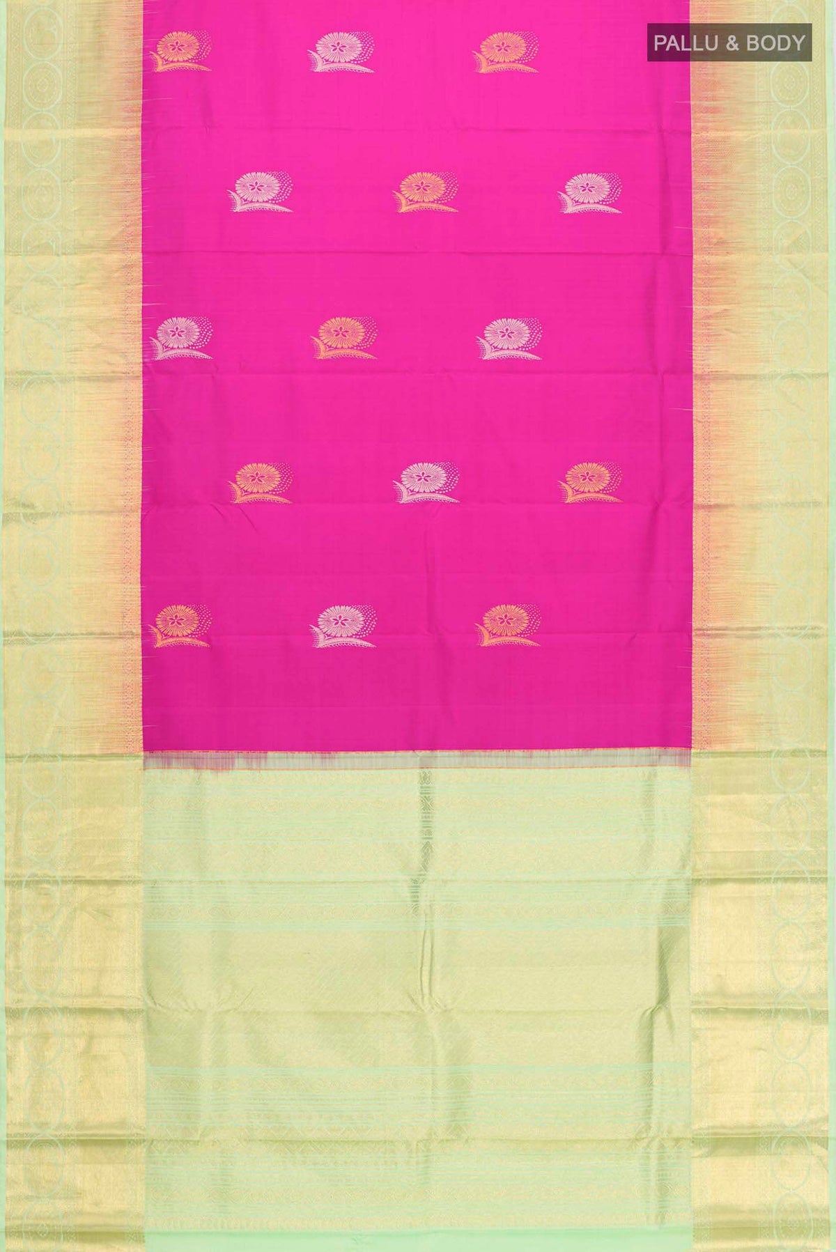 Flat view of Pink Kanchipuram Silk Saree with Zari Butta on the body and Zari Border