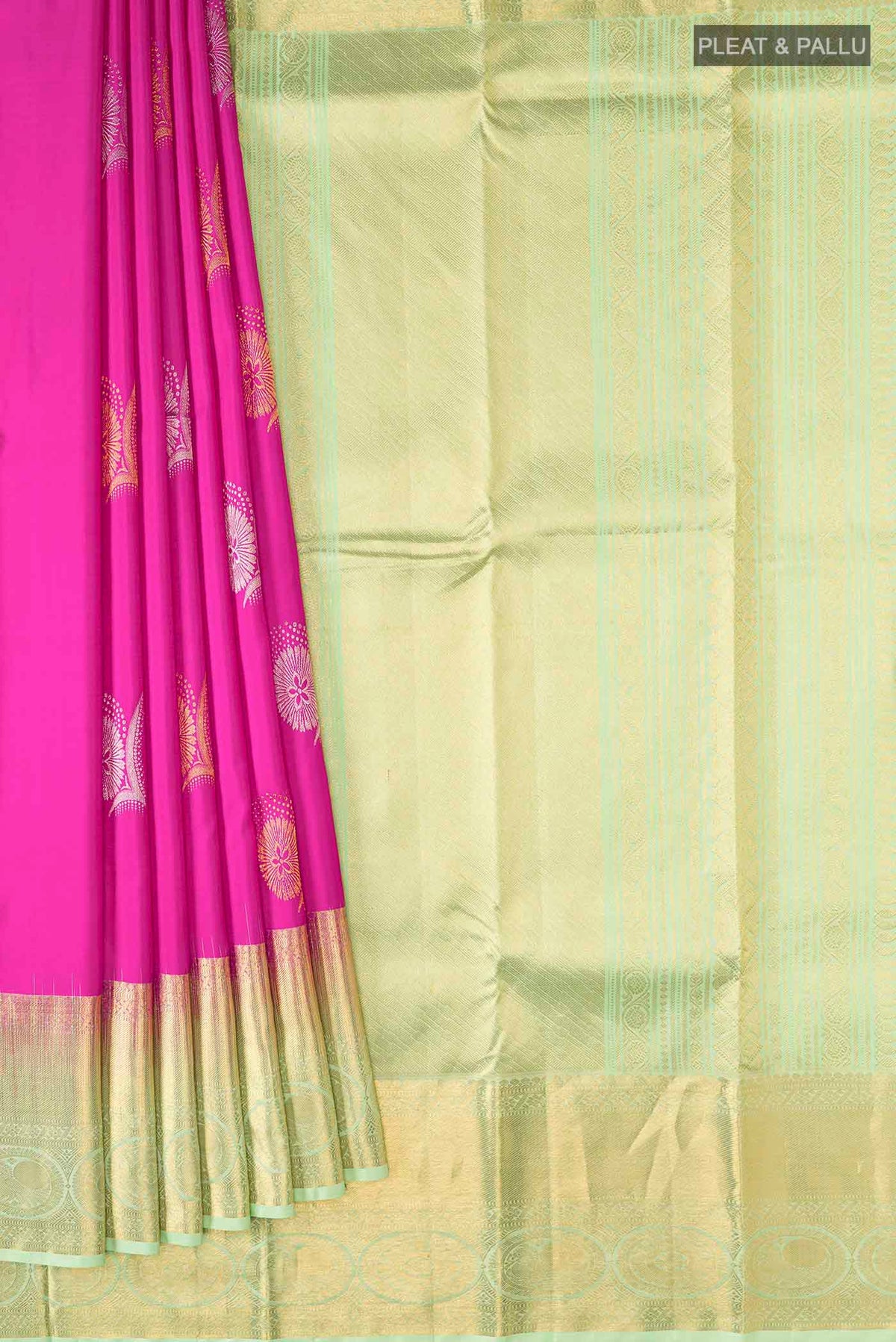 Pleats and pallu of Pink Kanchipuram Silk Saree with Zari Butta on the body and Zari Border