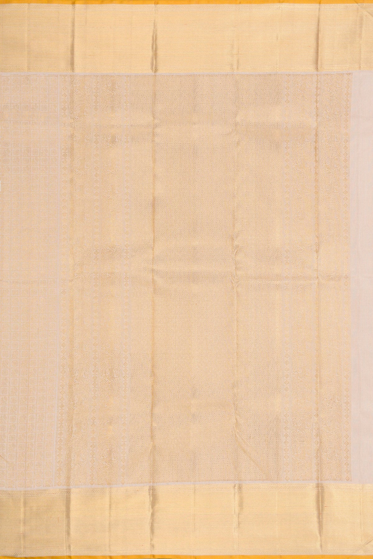 Close up image of the pallu of Pure Silk Pure Zari Dark Beige Dual Tone Kanjivaram Saree with Zari Brocade on the body and Zari Border. 