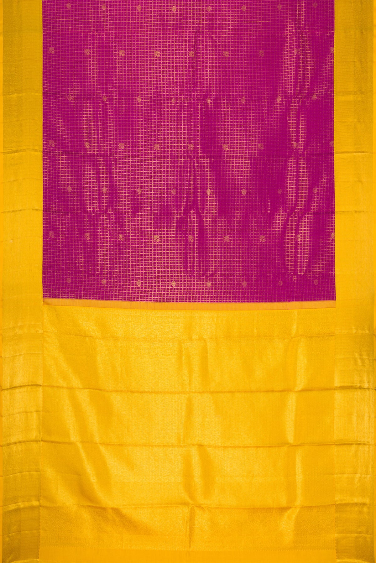 Flat view of Magenta Kanjivaram Silk Saree with Zari Brocade on the body and Zari Border. 