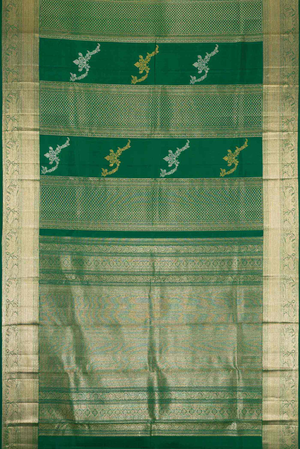Flat view of Green Kanchipuram Silk Saree with Stripes on the body and Zari Border