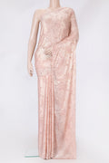 Rose Gold Dual Tone Georgette Saree with Embroidery on the body and Embroidery Border.  displayed on a mannequin