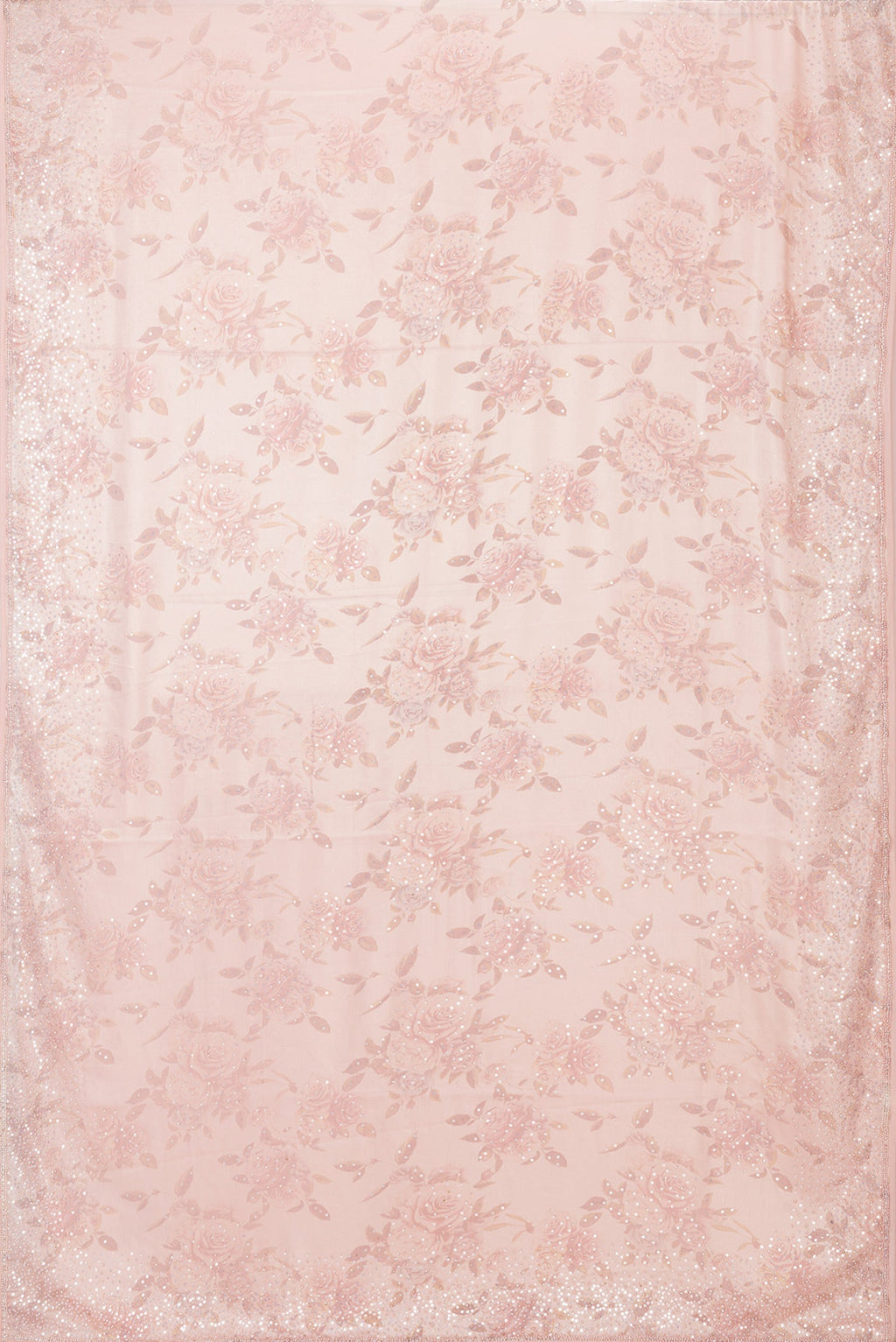 Flat view of Rose Gold Dual Tone Georgette Saree with Embroidery on the body and Embroidery Border. 