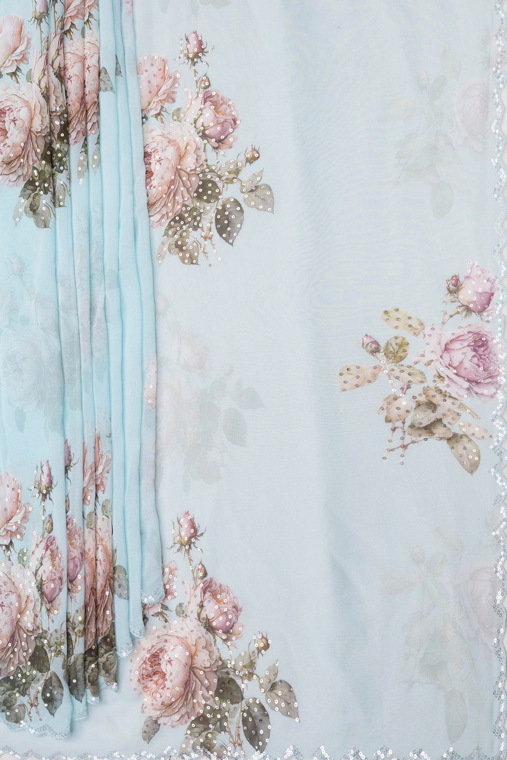 Pleats and pallu of Sky Blue Dual Tone Georgette Saree with Embroidery on the body and Embroidery Border. 