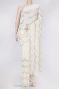 Beige Dual Tone Mysore Georgette Saree with Embroidery on the body and Without Border.  displayed on a mannequin