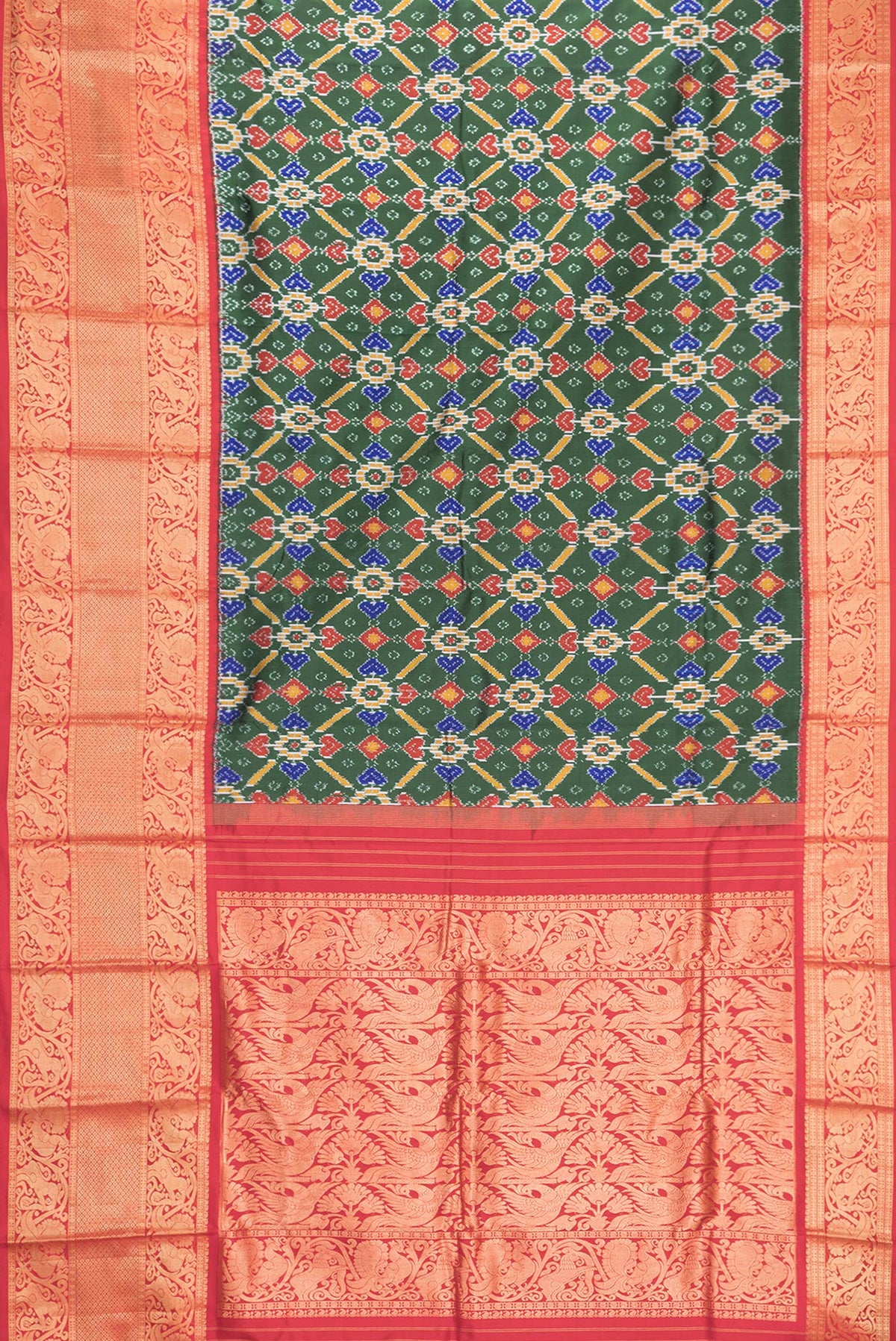 Flat view of Bottle Green Dual Tone Kanchipuram Silk Saree with Ikat Print on the body and Zari Border. 