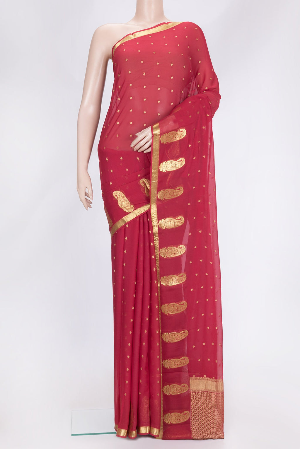 Pink Dual Tone Mysore Georgette Saree with Zari Butta on the body and Fancy Border.  displayed on a mannequin