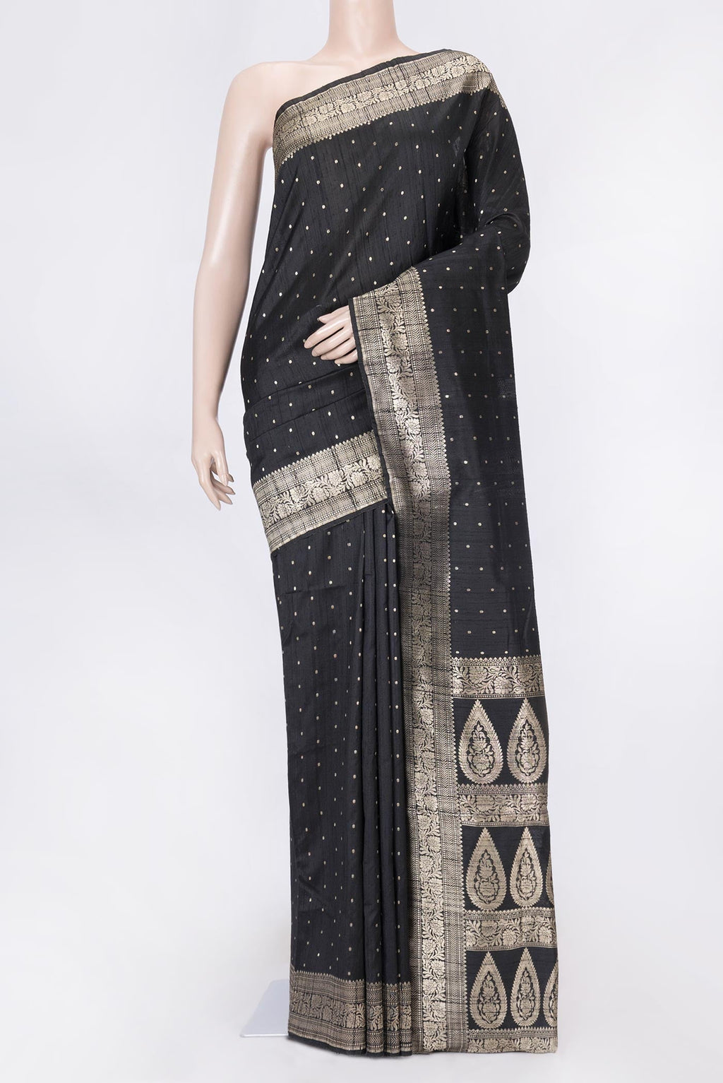Black Dual Tone Raw Silk Saree with Zari Butta on the body and Zari Border displayed on a mannequin