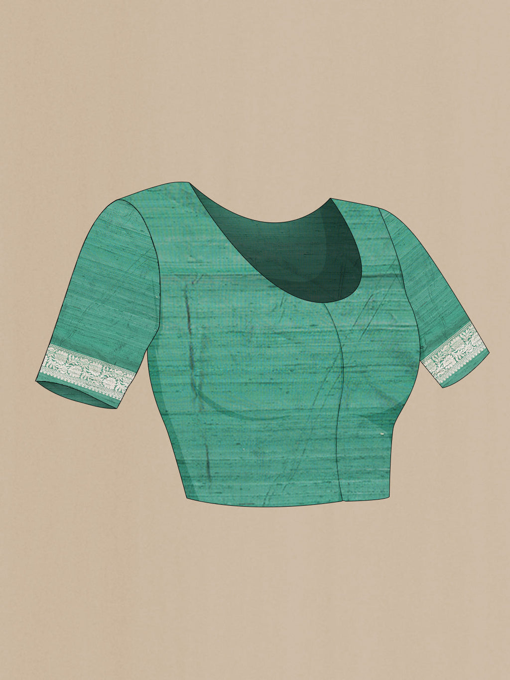 Close up image of the blouse of Green Dual Tone Raw Silk Saree with Zari Butta on the body and Zari Border