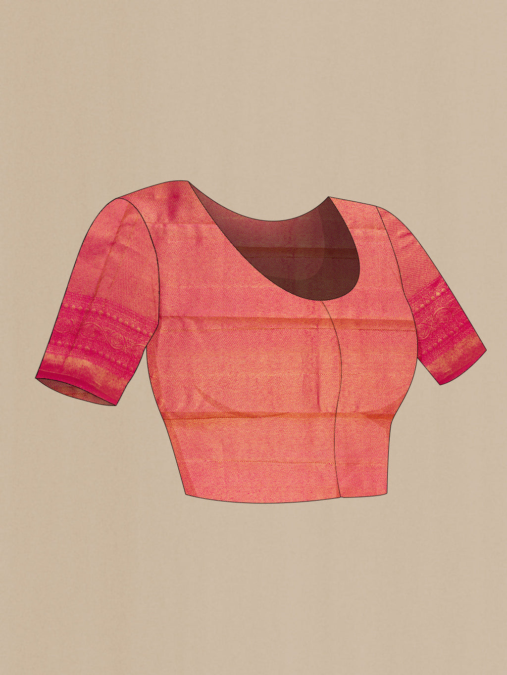 Close up image of the blouse of Magenta Dual Tone Kanchipuram Silk Saree with Zari Brocade on the body and Zari Border. 