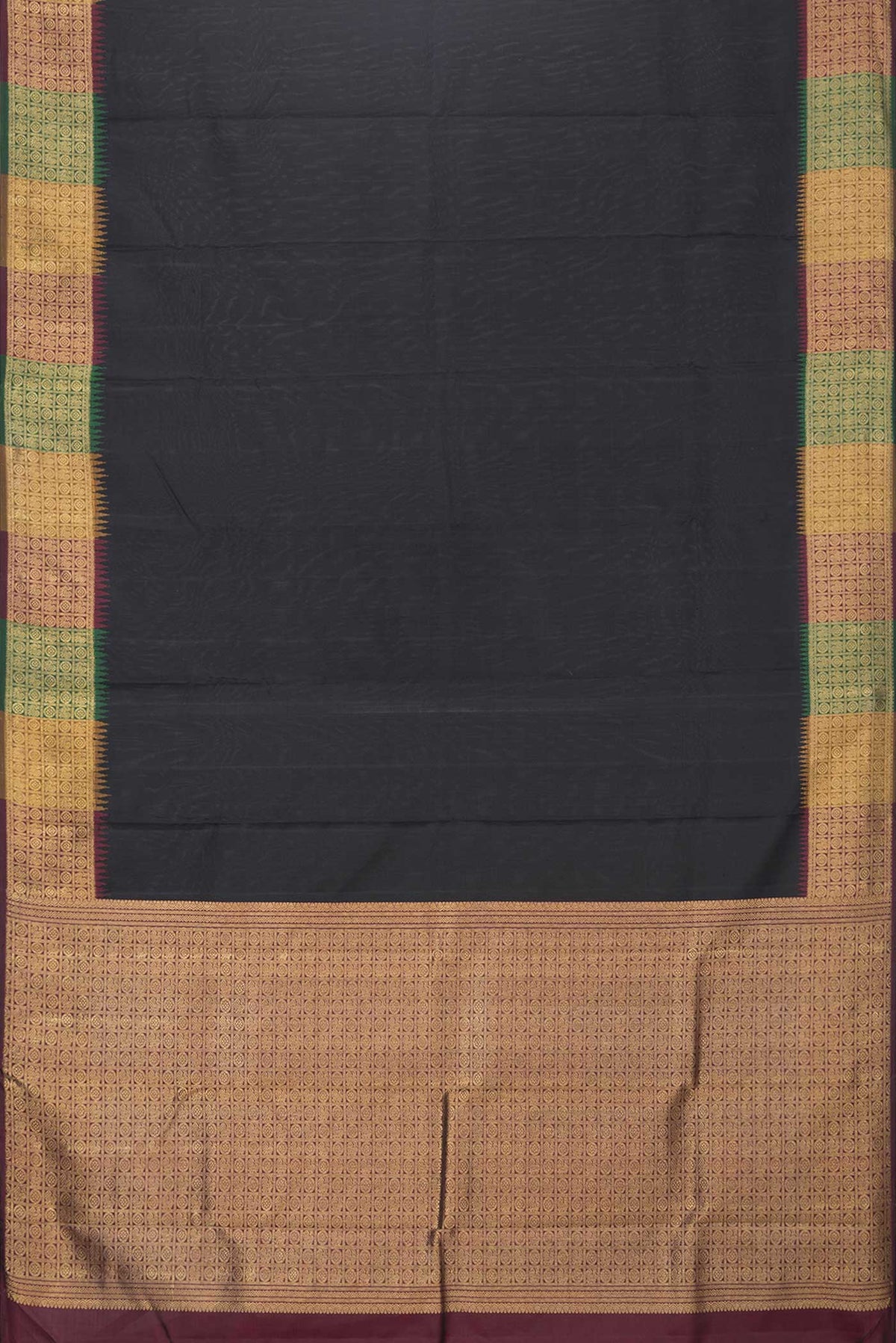 Flat view of Pure Silk Pure Zari Black Dual Tone Kanchipuram Saree with Plain Body and Zari Border