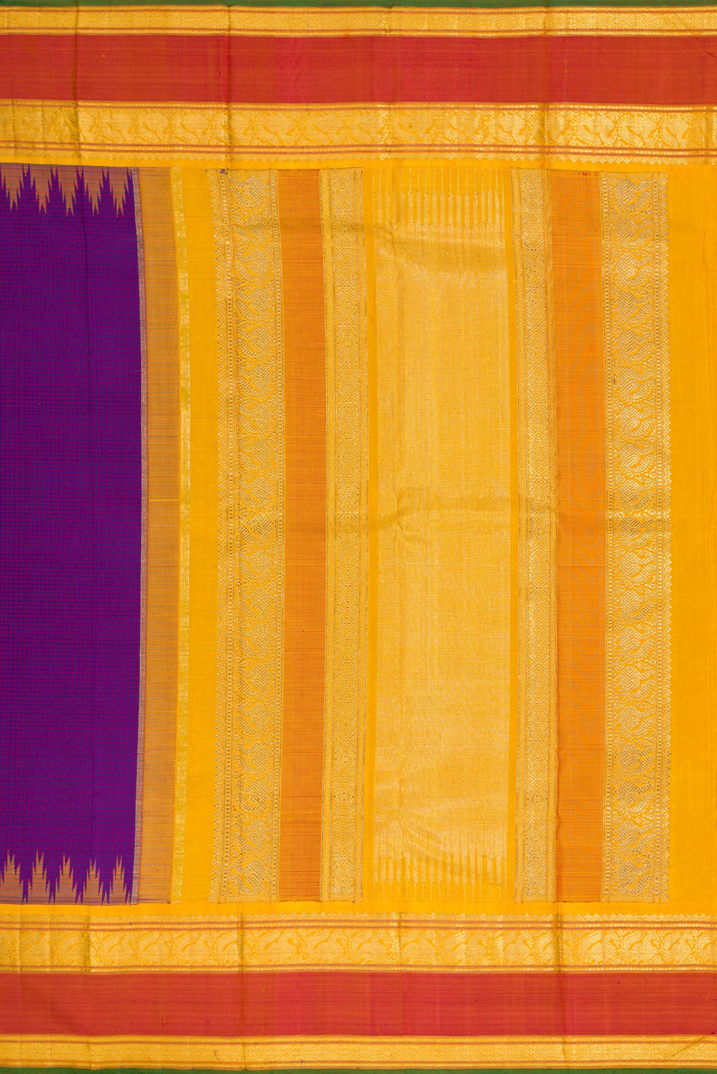 Close up image of the pallu of Pure Silk Pure Zari Purple Dual Tone Kanchipuram Saree with Checked design on the body and Temple Border. 