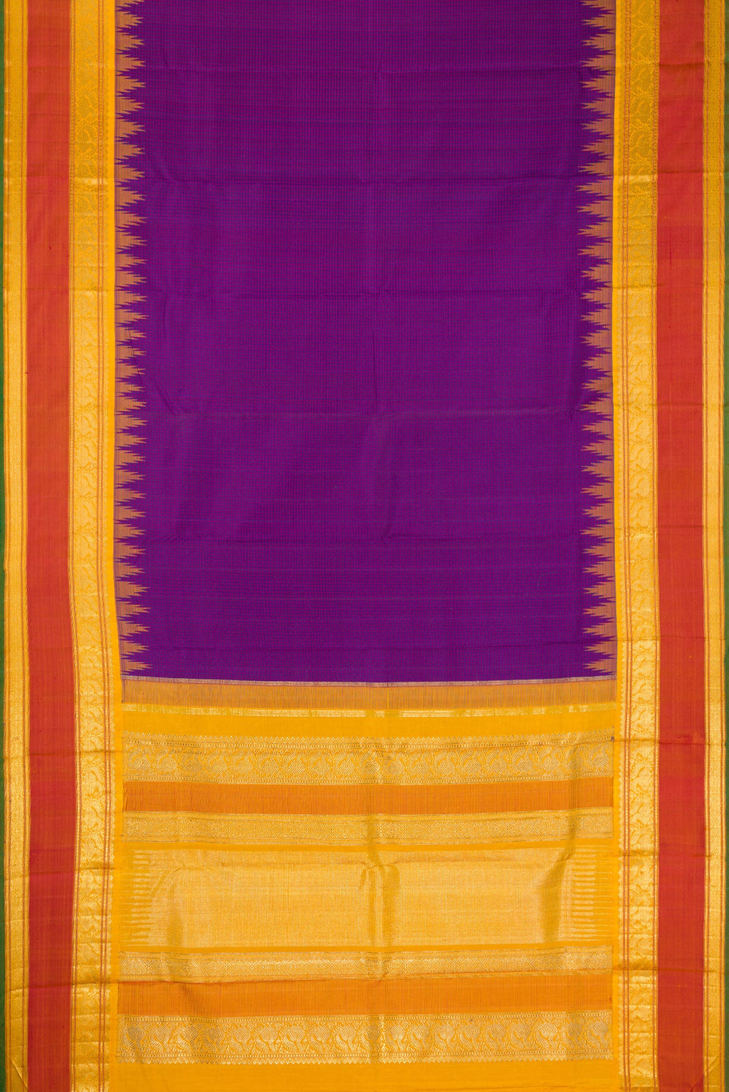 Flat view of Pure Silk Pure Zari Purple Dual Tone Kanchipuram Saree with Checked design on the body and Temple Border. 