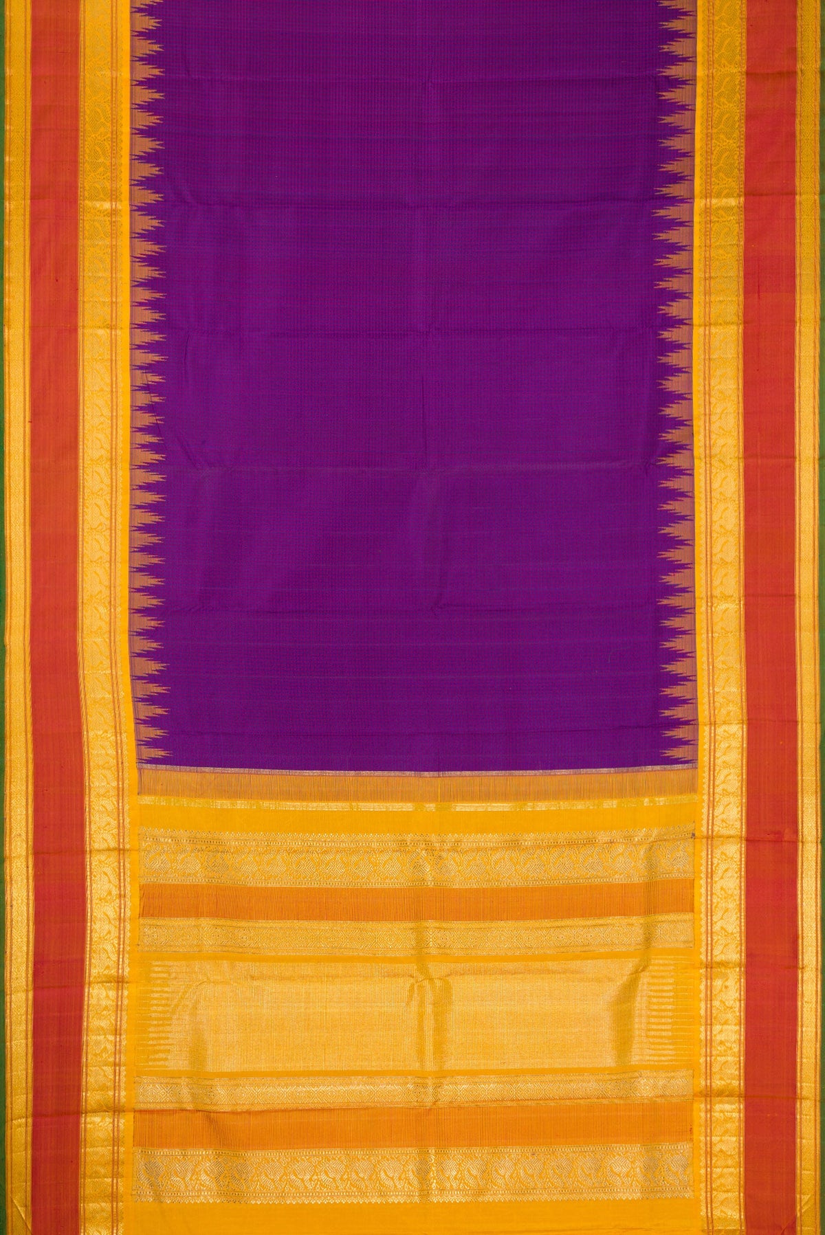 Flat view of Pure Silk Pure Zari Purple Dual Tone Kanchipuram Saree with Checked design on the body and Temple Border. 