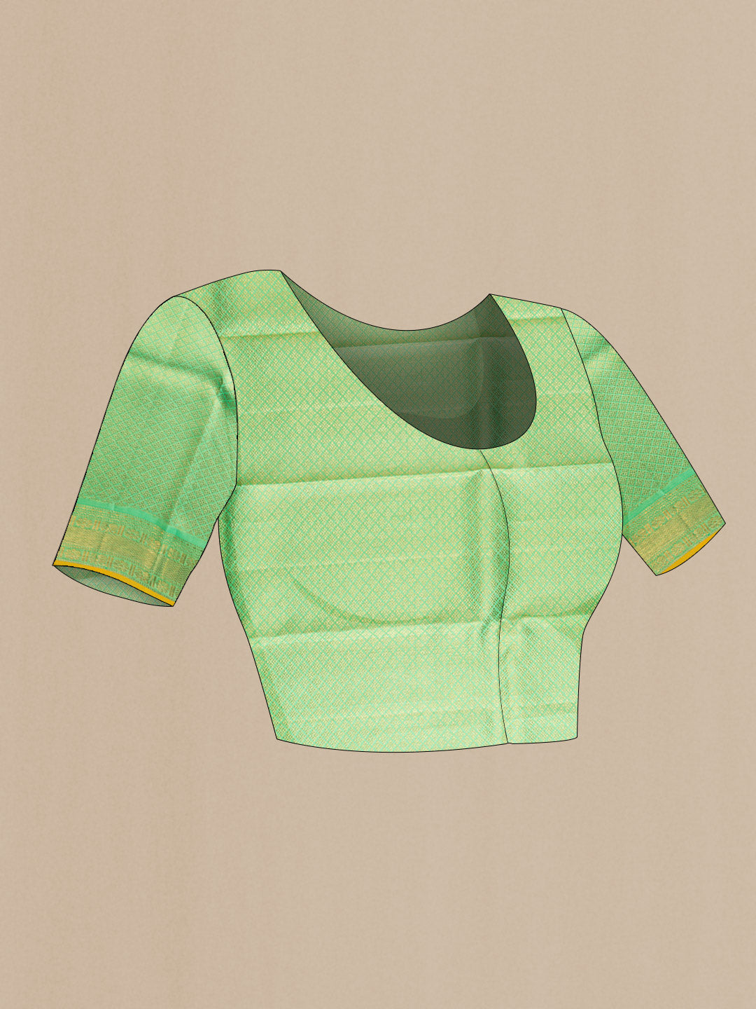 Close up image of the blouse of Sea Green Dual Tone Kanchipuram Silk Saree with Zari Butta on the body and Zari Border