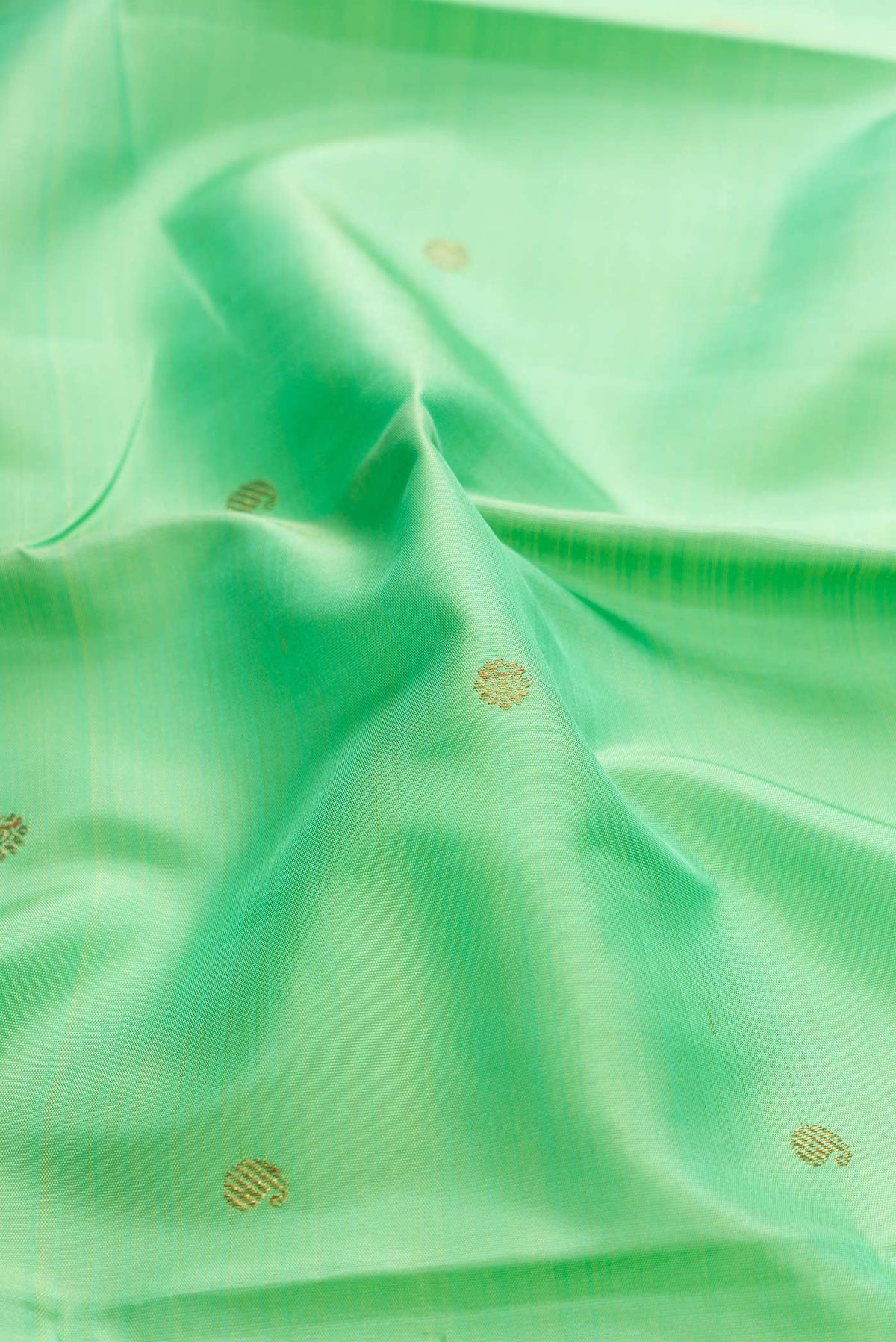 Close up of Sea Green Dual Tone Kanchipuram Silk Saree with Zari Butta on the body and Zari Border displaying folds